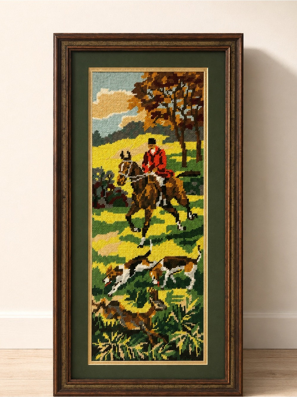 Vintage Framed Fox Hunt Needlepoint– Equestrian Horse & Hounds Wall Art 23.5x11”